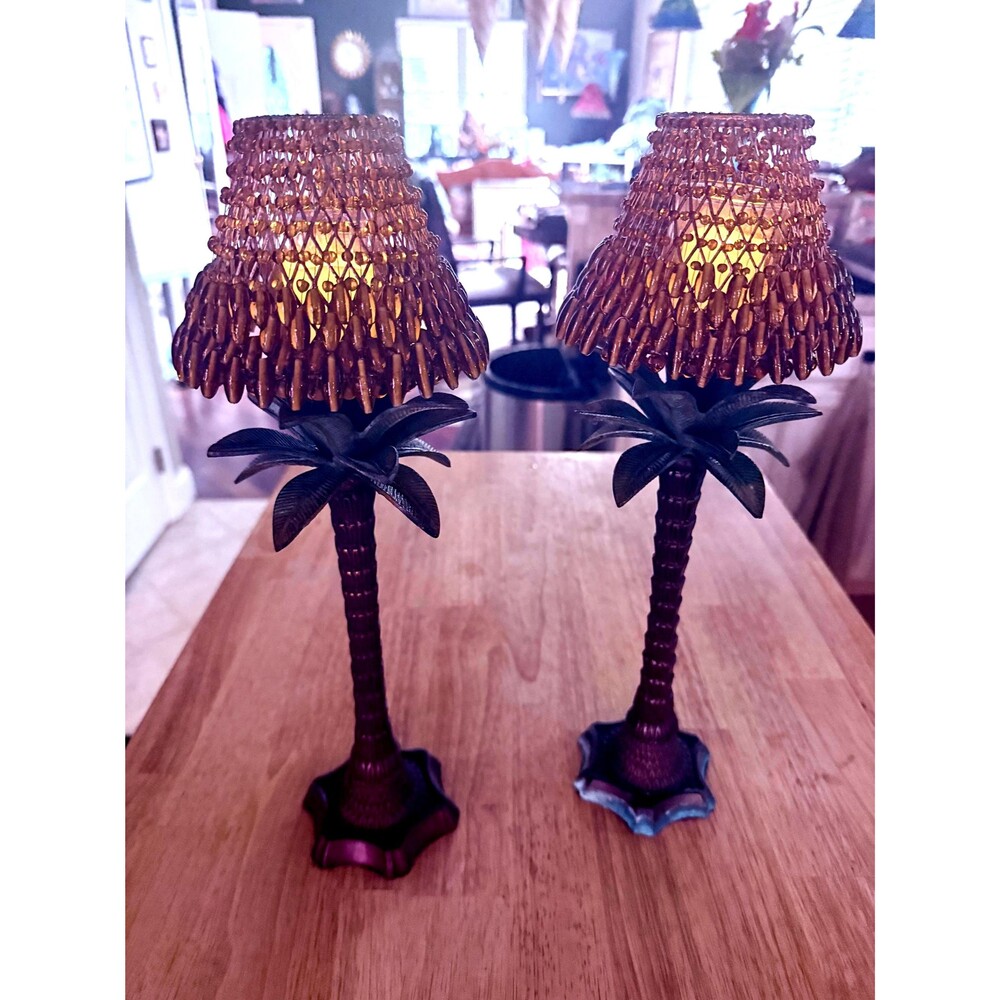 Palm Tree Candleholders with Amber Beaded Glass Shades—Pair of Egyptian Revival